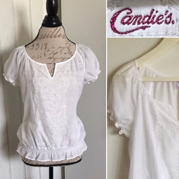 Candie's Tops - Candies White Blouse Semi Sheer Center Lace Short Elastic Puff Sleeves Top Med.